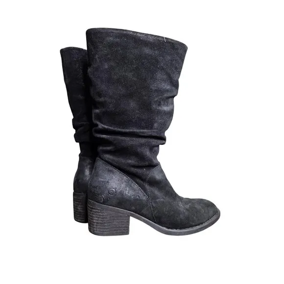 Born Doyle Women's Size 8 Black Distressed Suede Slouch Boots Low Heel
