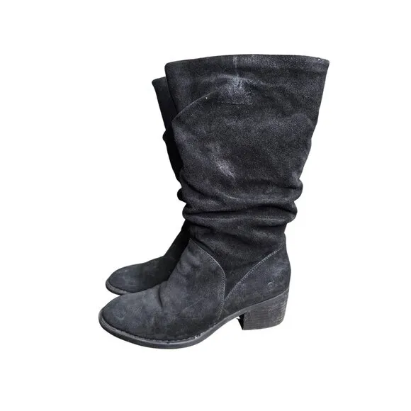 Born Doyle Women's Size 8 Black Distressed Suede Slouch Boots Low Heel