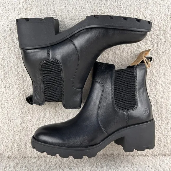BORN Graci Chelsea Boots Womens 9.5M Black Leather Ankle Pull On Block Heel NIB