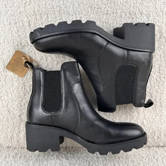 BORN Graci Chelsea Boots Womens 9.5M Black Leather Ankle Pull On Block Heel NIB