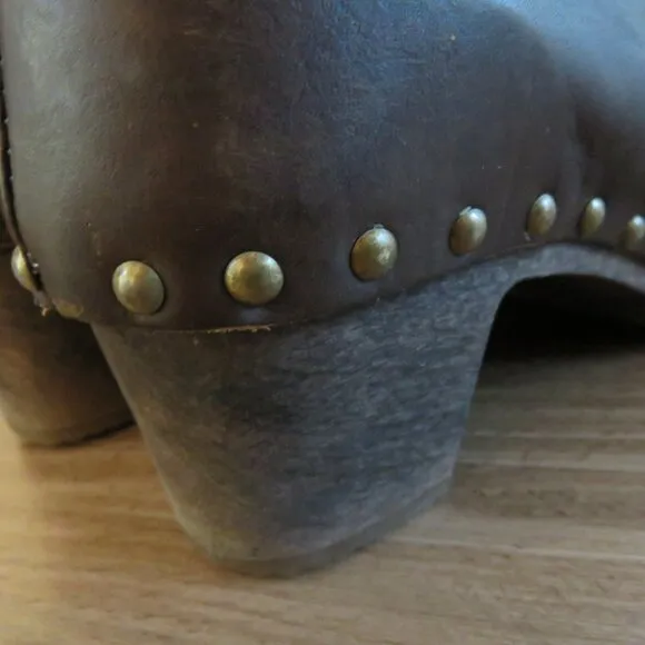 BOSABO Brown Leather Studded Clog Booties Boots Grandma Boho - Size US 6