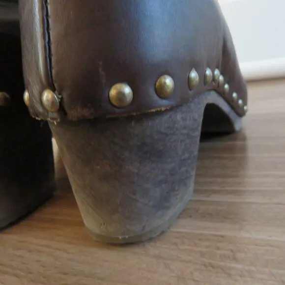 BOSABO Brown Leather Studded Clog Booties Boots Grandma Boho - Size US 6
