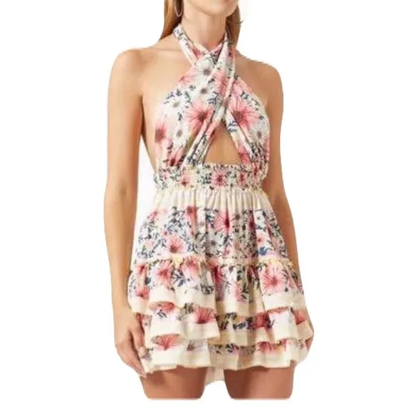 Breezy Beauty: Halter-Neck Mini Dress with Island Vibes.