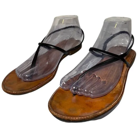 Bridget Black Leather Thong Sandals 9 Flat Minimalist Handmade in Jamaica