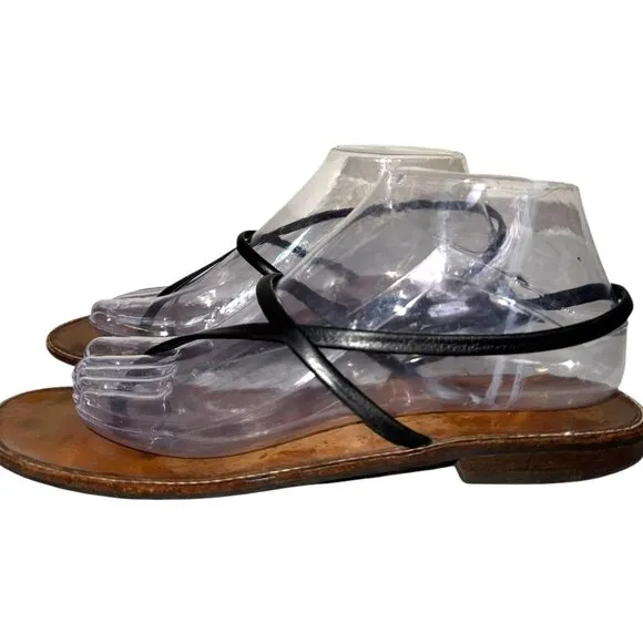 Bridget Black Leather Thong Sandals 9 Flat Minimalist Handmade in Jamaica