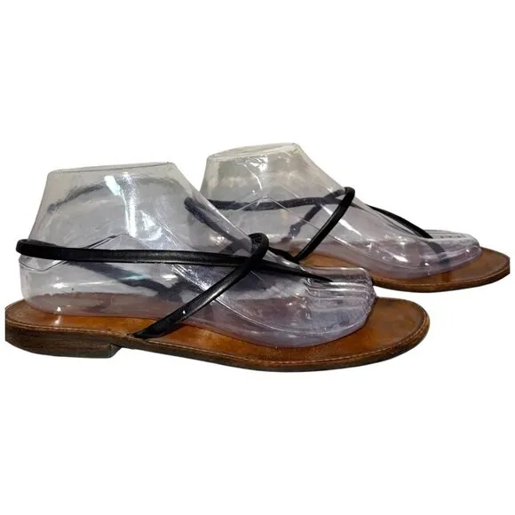 Bridget Black Leather Thong Sandals 9 Flat Minimalist Handmade in Jamaica