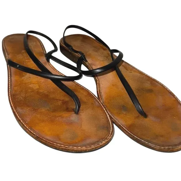 Bridget Black Leather Thong Sandals 9 Flat Minimalist Handmade in Jamaica