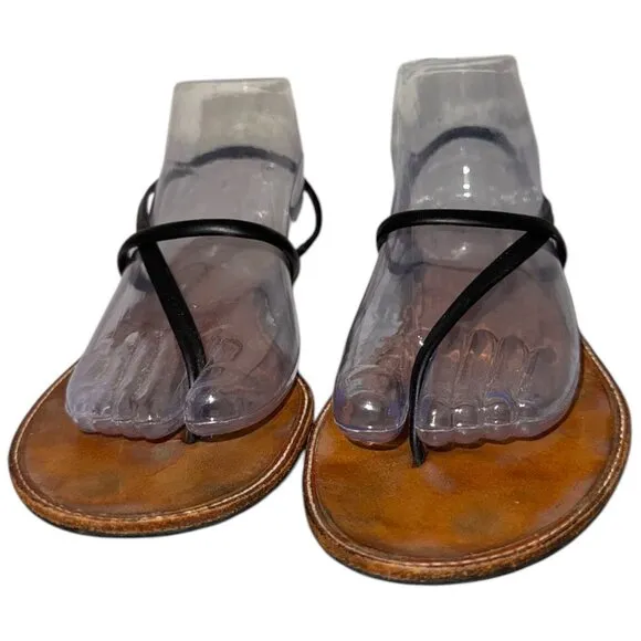 Bridget Black Leather Thong Sandals 9 Flat Minimalist Handmade in Jamaica
