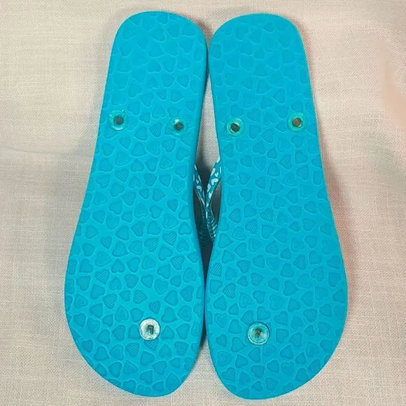 Brighton Women's 10 Blue &amp; White Flip Flops W/ Rhinestone Heart Thongs Sandals