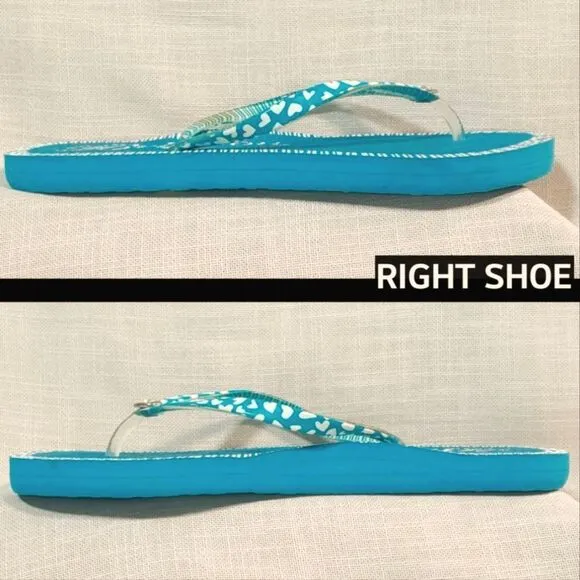 Brighton Women's 10 Blue &amp; White Flip Flops W/ Rhinestone Heart Thongs Sandals