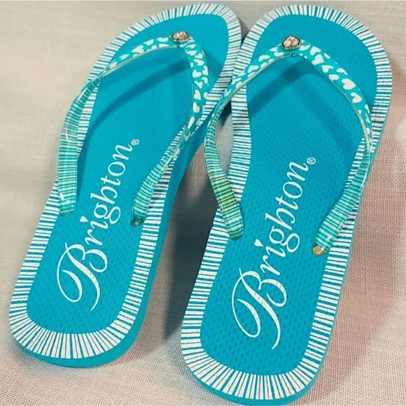 Brighton Women's 10 Blue &amp; White Flip Flops W/ Rhinestone Heart Thongs Sandals