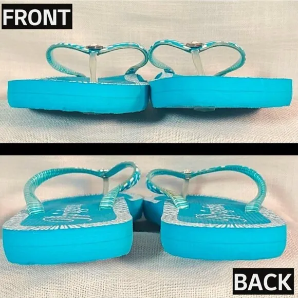 Brighton Women's 10 Blue &amp; White Flip Flops W/ Rhinestone Heart Thongs Sandals