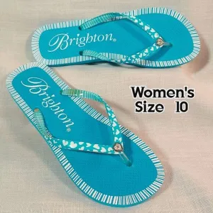 Brighton Women's 10 Blue &amp; White Flip Flops W/ Rhinestone Heart Thongs Sandals