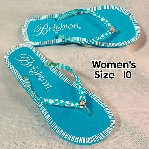 Brighton Women's 10 Blue &amp; White Flip Flops W/ Rhinestone Heart Thongs Sandals