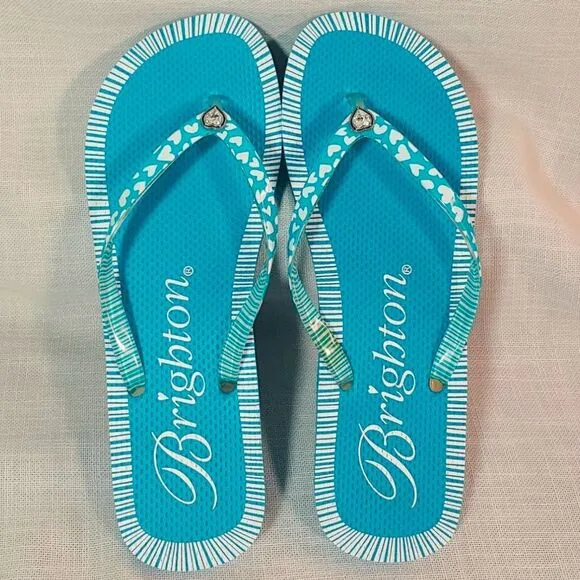 Brighton Women's 10 Blue &amp; White Flip Flops W/ Rhinestone Heart Thongs Sandals
