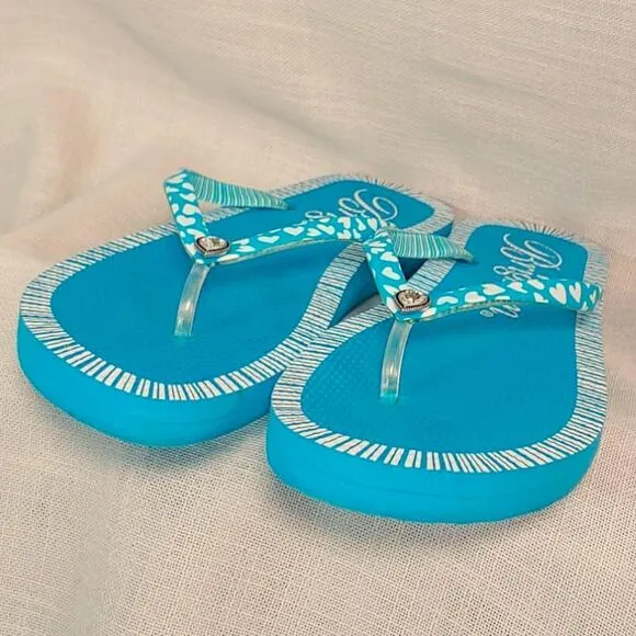 Brighton Women's 10 Blue &amp; White Flip Flops W/ Rhinestone Heart Thongs Sandals
