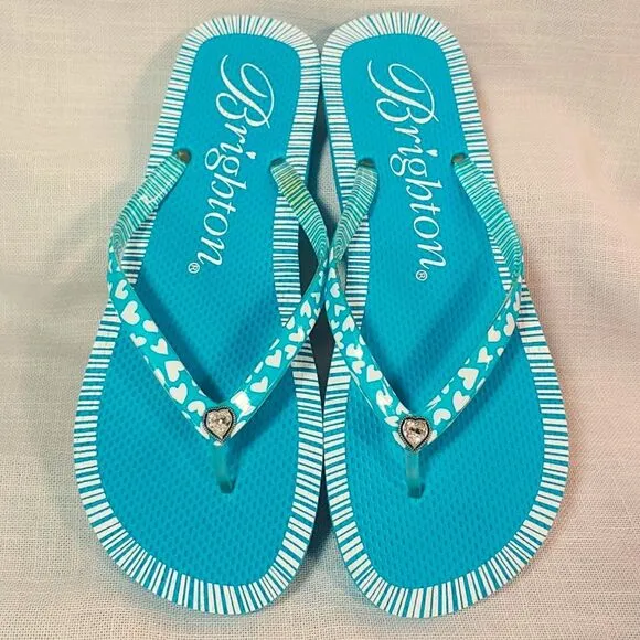 Brighton Women's 10 Blue &amp; White Flip Flops W/ Rhinestone Heart Thongs Sandals