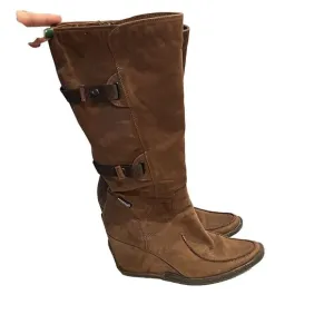 BRONX Brown Knee High Boots Biker Riding Leather Wedge 40 Women Artsy Boho Fairy
