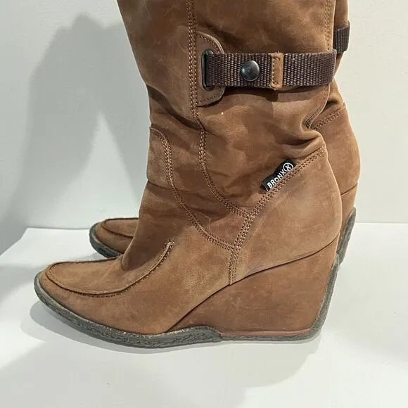 BRONX Brown Knee High Boots Biker Riding Leather Wedge 40 Women Artsy Boho Fairy
