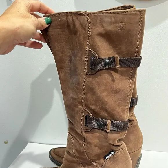 BRONX Brown Knee High Boots Biker Riding Leather Wedge 40 Women Artsy Boho Fairy