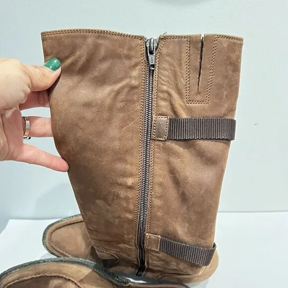 BRONX Brown Knee High Boots Biker Riding Leather Wedge 40 Women Artsy Boho Fairy