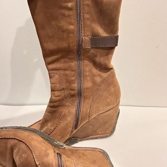 BRONX Brown Knee High Boots Biker Riding Leather Wedge 40 Women Artsy Boho Fairy