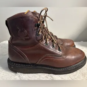 Brown Leather Georgia Boot Wedge Work Boots Leather Laces - Size 8