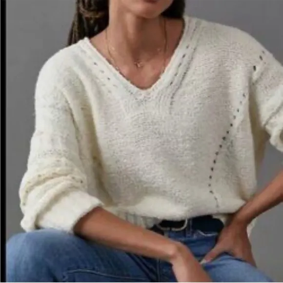 By Anthropologie creamy ivory v neck sweater S cable knit design pointelle