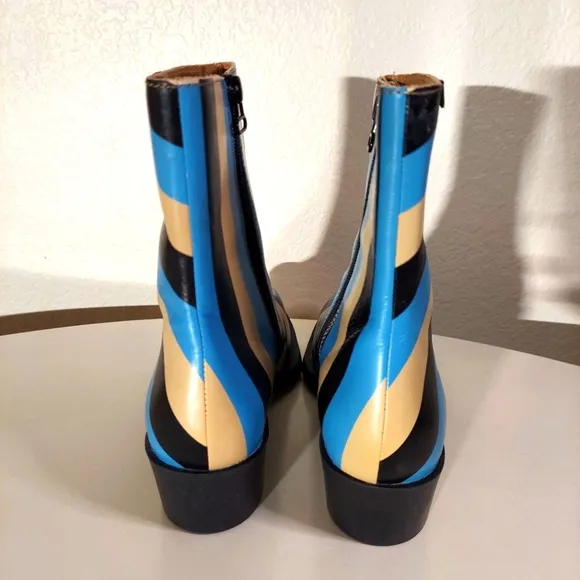 Camper Bonnie Turquoise Black &amp; Beige Striped Leather Ankle Boots