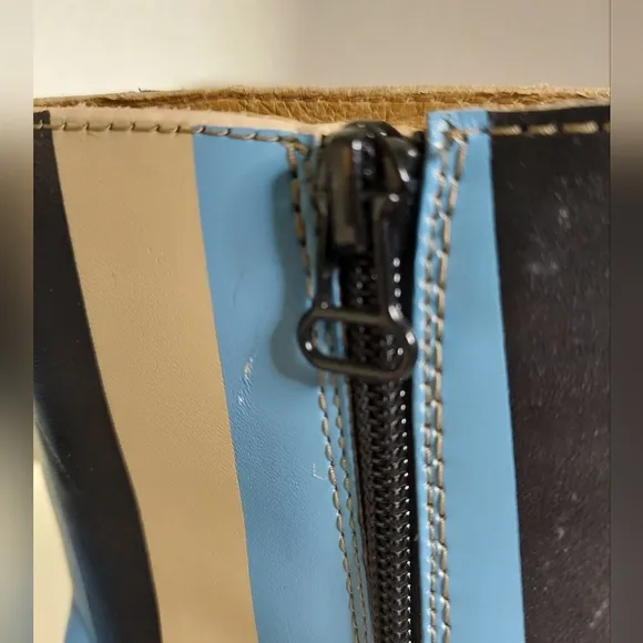 Camper Bonnie Turquoise Black &amp; Beige Striped Leather Ankle Boots