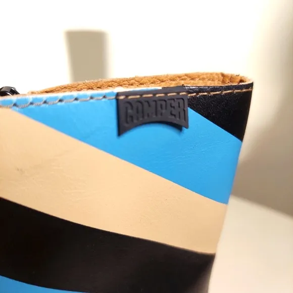Camper Bonnie Turquoise Black &amp; Beige Striped Leather Ankle Boots