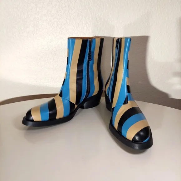 Camper Bonnie Turquoise Black &amp; Beige Striped Leather Ankle Boots