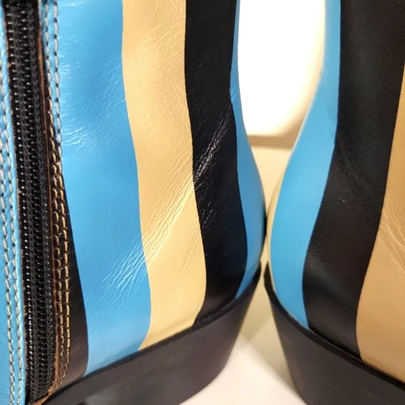 Camper Bonnie Turquoise Black &amp; Beige Striped Leather Ankle Boots