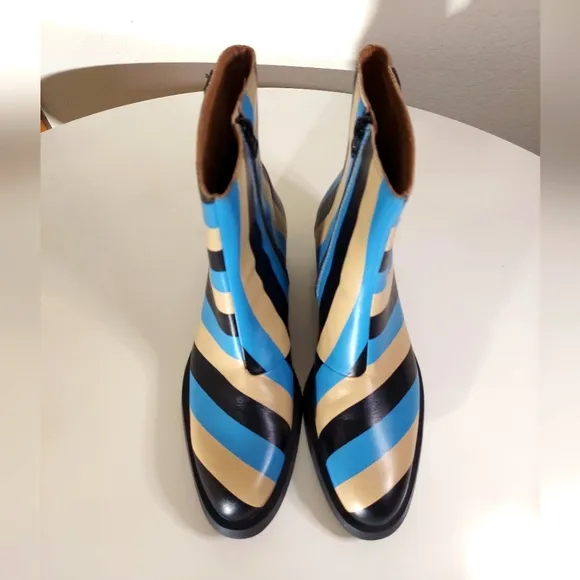 Camper Bonnie Turquoise Black &amp; Beige Striped Leather Ankle Boots
