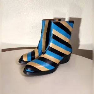 Camper Bonnie Turquoise Black &amp; Beige Striped Leather Ankle Boots