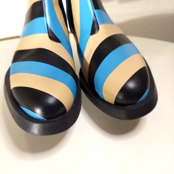 Camper Bonnie Turquoise Black &amp; Beige Striped Leather Ankle Boots