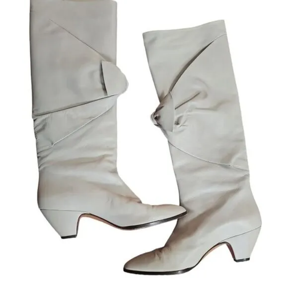 Casadei Bow Front Cream Heeled Boots Sz 8 Italian Leather Knee-High Quiet Luxury