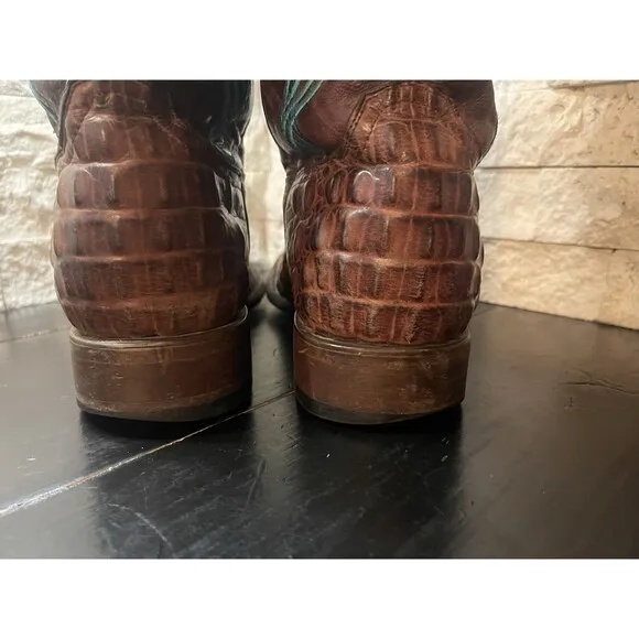 CAVENDERS BROWN ALLIGATOR PRINT LEATHER SQUARE TOE COWBOY BOOTS BLUE STITCH 8.5D