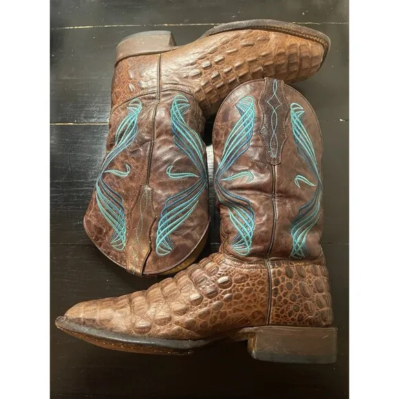 CAVENDERS BROWN ALLIGATOR PRINT LEATHER SQUARE TOE COWBOY BOOTS BLUE STITCH 8.5D