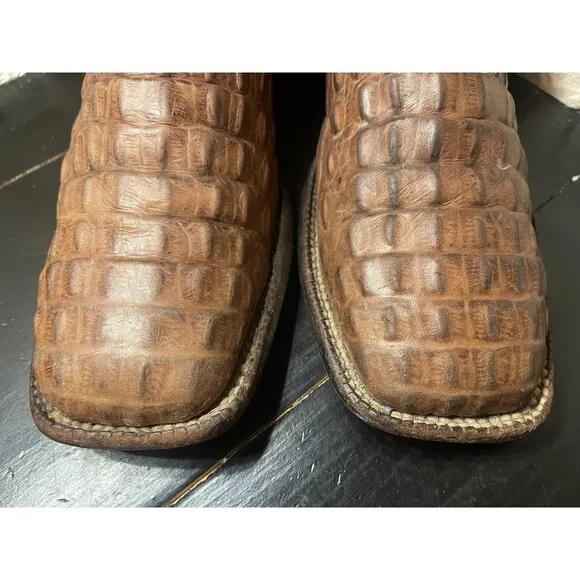 CAVENDERS BROWN ALLIGATOR PRINT LEATHER SQUARE TOE COWBOY BOOTS BLUE STITCH 8.5D