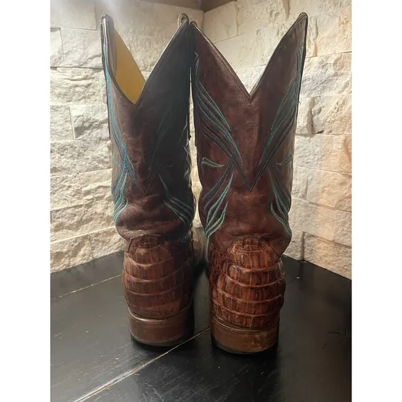 CAVENDERS BROWN ALLIGATOR PRINT LEATHER SQUARE TOE COWBOY BOOTS BLUE STITCH 8.5D
