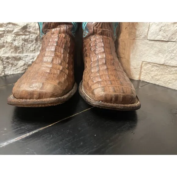 CAVENDERS BROWN ALLIGATOR PRINT LEATHER SQUARE TOE COWBOY BOOTS BLUE STITCH 8.5D