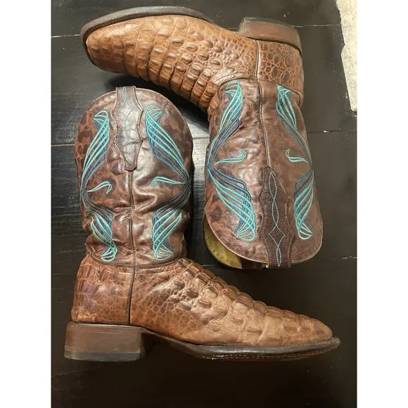 CAVENDERS BROWN ALLIGATOR PRINT LEATHER SQUARE TOE COWBOY BOOTS BLUE STITCH 8.5D