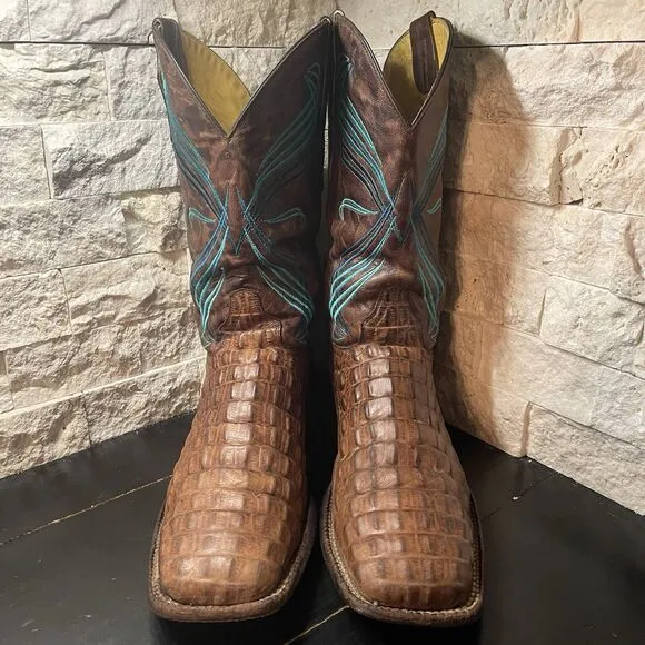 CAVENDERS BROWN ALLIGATOR PRINT LEATHER SQUARE TOE COWBOY BOOTS BLUE STITCH 8.5D