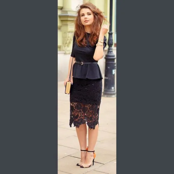 💥CHIC &amp; SEXY💥 Crochet Lace Half Lined Midi Pencil Skirt in Black