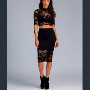 💥CHIC &amp; SEXY💥 Crochet Lace Half Lined Midi Pencil Skirt in Black