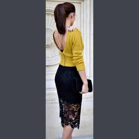 💥CHIC &amp; SEXY💥 Crochet Lace Half Lined Midi Pencil Skirt in Black