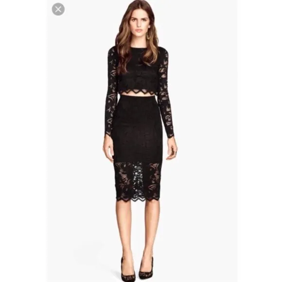 💥CHIC &amp; SEXY💥 Crochet Lace Half Lined Midi Pencil Skirt in Black