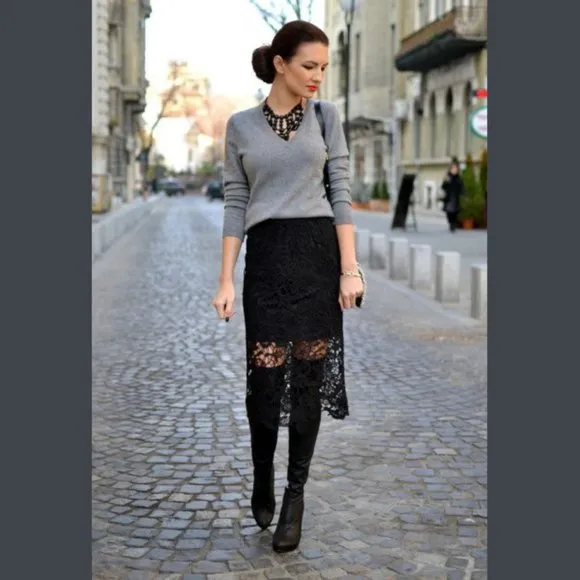 💥CHIC &amp; SEXY💥 Crochet Lace Half Lined Midi Pencil Skirt in Black