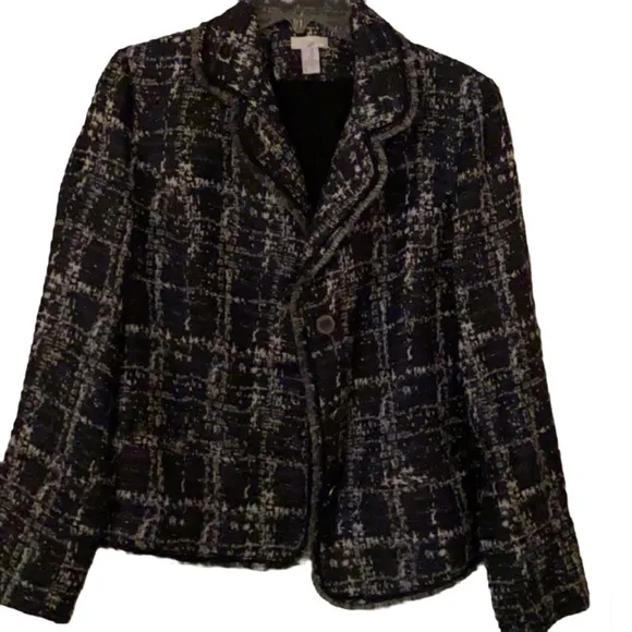 Chico’s TWEED BOUCLE Plaid fringe blazer jacket TARTAN